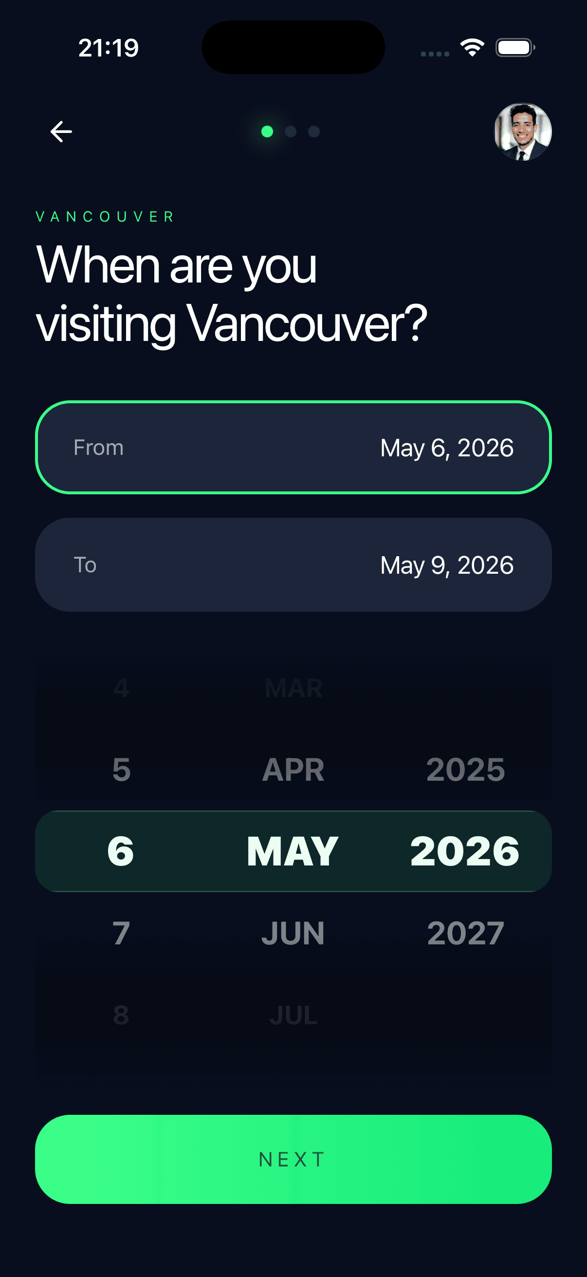 Trip date picker for Vancouver